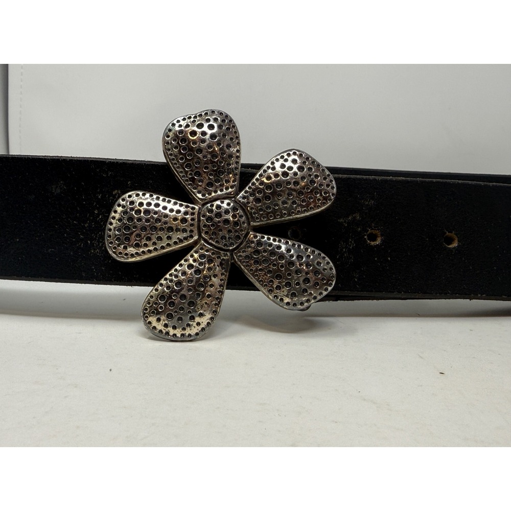 Silpada Designs Black Italian Leather Belt Large Flower Buckle Boho Floral L